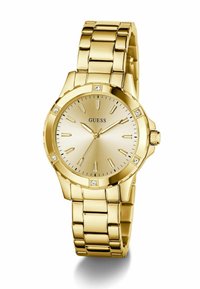 Gold stainless steel watch with a round face, silver dial, and diamond accents. Features a linked bracelet and prominent hour markers.
