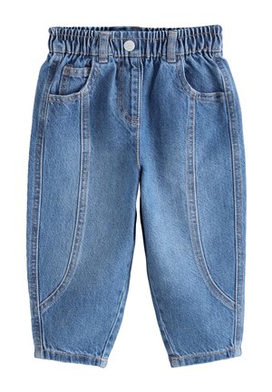 Blaue Denim-Kleinkinderhose mit elastischem Bund, Vordertaschen und dekorativen Nähten an den Beinen.
