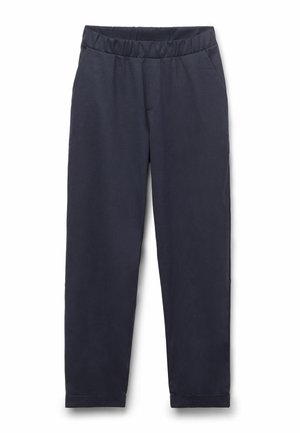 Tmavě námořnicky modré kalhoty s rovnými nohavicemi, elastickým pasem a bočními kapsami, ležérní styl, jednobarevná látka.