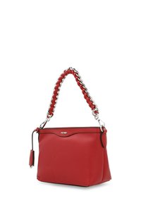 Red leather handbag with a structured shape, braided red and silver chain handle, featuring a subtle logo and a side tag.