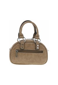 Sac à main en cuir synthétique marron avec une forme arrondie, quincaillerie argentée, deux poignées supérieures et une poche zippée à l'avant. Fini texturé et détails d'accent.