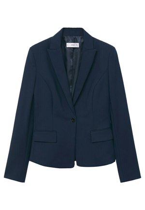Marineblauer, maßgeschneiderter Blazer mit Revers, ein schwarzer Knopfverschluss, lange Ärmel und zwei Klappentaschen vorne.