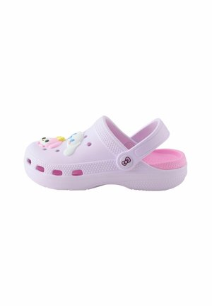 Világoslila, hátsó pántos papucs, tetején rózsaszín, fehér és sárga unikornis és felhő díszítéssel.