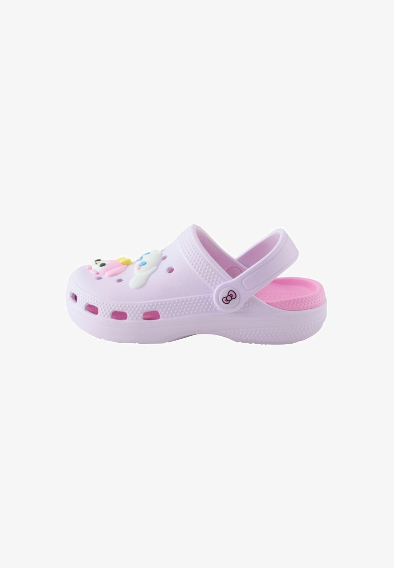 Zoccolo slip-on viola chiaro con cinturino sul tallone, decorato con un disegno di unicorno rosa, bianco e giallo e nuvole sulla parte superiore.