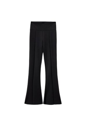 Pantaloni neri svasati realizzati in tessuto elasticizzato, con una vita alta e pieghe verticali per un profilo snello.