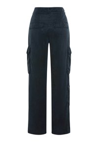 Marine cargobroek met een rechte snit, twee grote zijzakken en twee achterzakken. Gemaakt van een gladde stof met een matte afwerking.