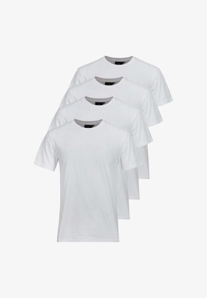 Quattro t-shirt bianche con scollatura rotonda e maniche corte. Realizzate in cotone, presentano una superficie liscia e un design uniforme.