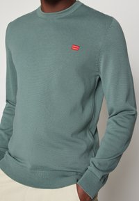 Grön stickad tröja med rund halsringning, ribbade manschetter och nederkant, med en liten röd logotyp på bröstet. Mjuk, texturerad tyg.