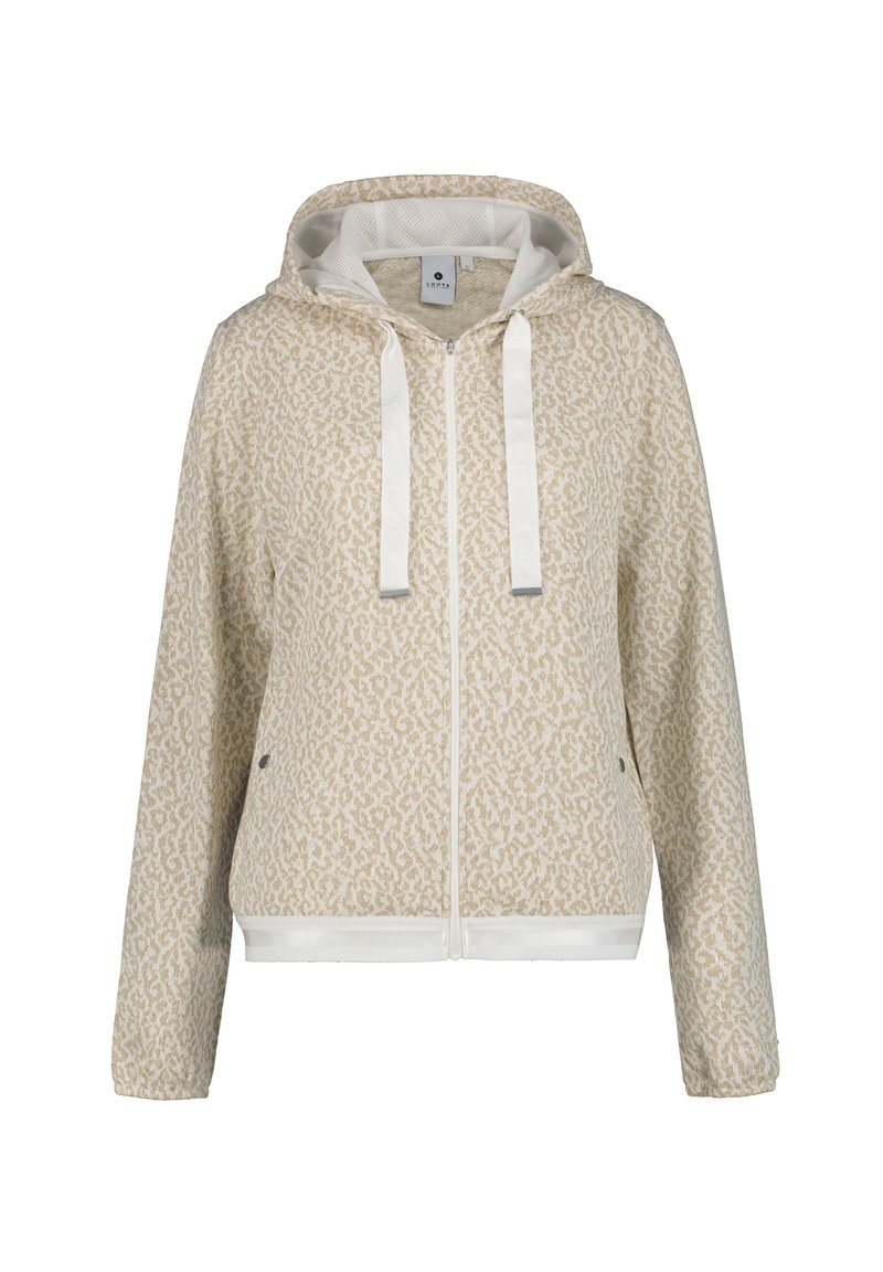 Sweat à zip beige clair fabriqué en tissu texturé avec un motif animal subtil. Comprend une capuche, des cordons blancs, et des poignets et un bas élastiques.