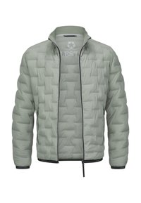 Steppjacke in Hellgrün mit gestepptem Design, hohem Kragen, Reißverschluss vorne und markeninnerem Futter. Weiche, glatte Textur mit elastischen Bündchen.
