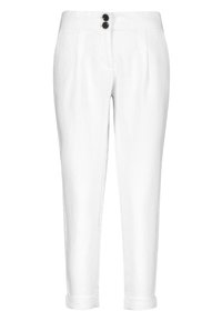 Pantalon en lin blanc avec une coupe droite, featuring deux boutons à l'avant et des poignets retroussés. Texture lisse avec des plis visibles.