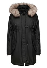 Svart vattentät parka med huva i fuskpäls, elastisk midja, två framfickor och knappstängning. Slät textur och fodrad insida.