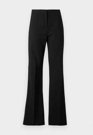 Black flared pants made of smooth fabric, featuring a flat front and clean lines. The waist is designed for a fitted silhouette without embellishments.