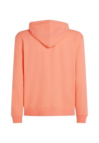 Kapuzensweatshirt in Pastellkoralle, aus weichem Stoff gefertigt, mit lockerer Passform und gerippten Bündchen. Die Rückseite zeigt eine glatte Textur.