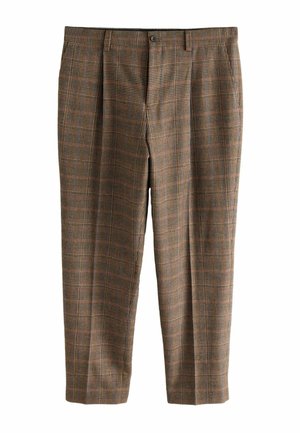 Braune kariierte Hose mit hohem Bund, vorderen Falten und geradem Bein. Aus strukturiertem Stoff mit kontrastierenden Farben.