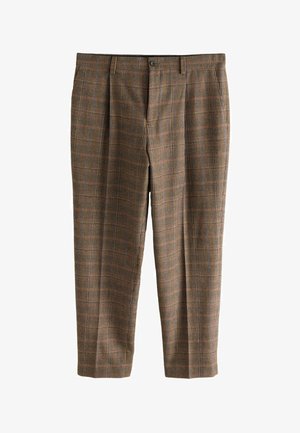 Brown checkered trousers featuring a high waist, front pleats, and a straight-leg cut. Made of textured fabric with contrasting colors.