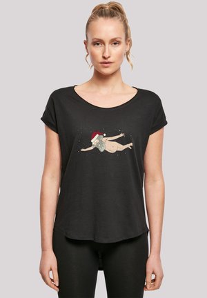 Schwarzes kurzärmliges T-Shirt mit einem runden Ausschnitt und einer verspielten Grafik, die eine bärtige Figur in einem Weihnachtsmann-Hut zeigt. Glatte Textur.
