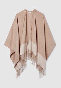 Poncho beige con un design a blocchi di colore, caratterizzato da una striscia più chiara e dettagli in frangia lungo l'orlo. Tessuto morbido con una silhouette drappeggiata.