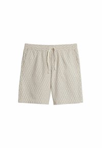 Shorts de bain beige à motifs avec un design en losange, taille élastique et cordon de serrage ajustable. Tissu au toucher doux.