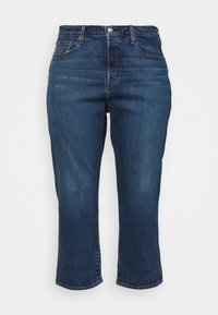 Jean en denim foncé à coupe droite, taille mi-haute, conception à cinq poches, et décoloration subtile. Dispose d'une fermeture à bouton et zip à l'avant.