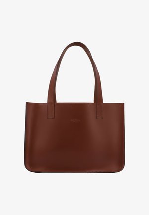 Pruun nahast käekott kahe sangaga, ristkülikukujuline, sile viimistlus ja õrnalt embosseeritud brändinimi esiküljel keskel.