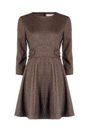 Brown herringbone dress with long sleeves, fitted bodice, and flared skirt. Features a belted waist with button accents. Zipper closure at back.