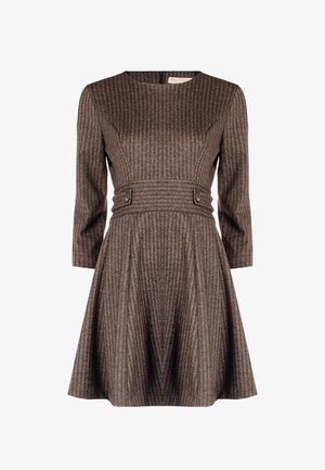 Brown herringbone dress with long sleeves, fitted bodice, and flared skirt. Features a belted waist with button accents. Zipper closure at back.