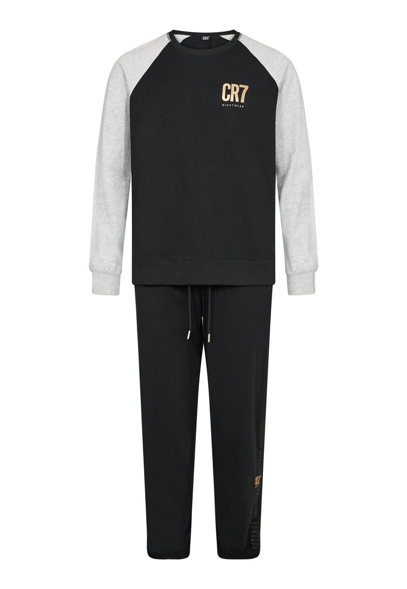 Completo felpa e pantaloni grigi e neri. La felpa presenta un collo a giro, maniche raglan e il marchio CR7. I pantaloni hanno un elastico in vita e coulisse.