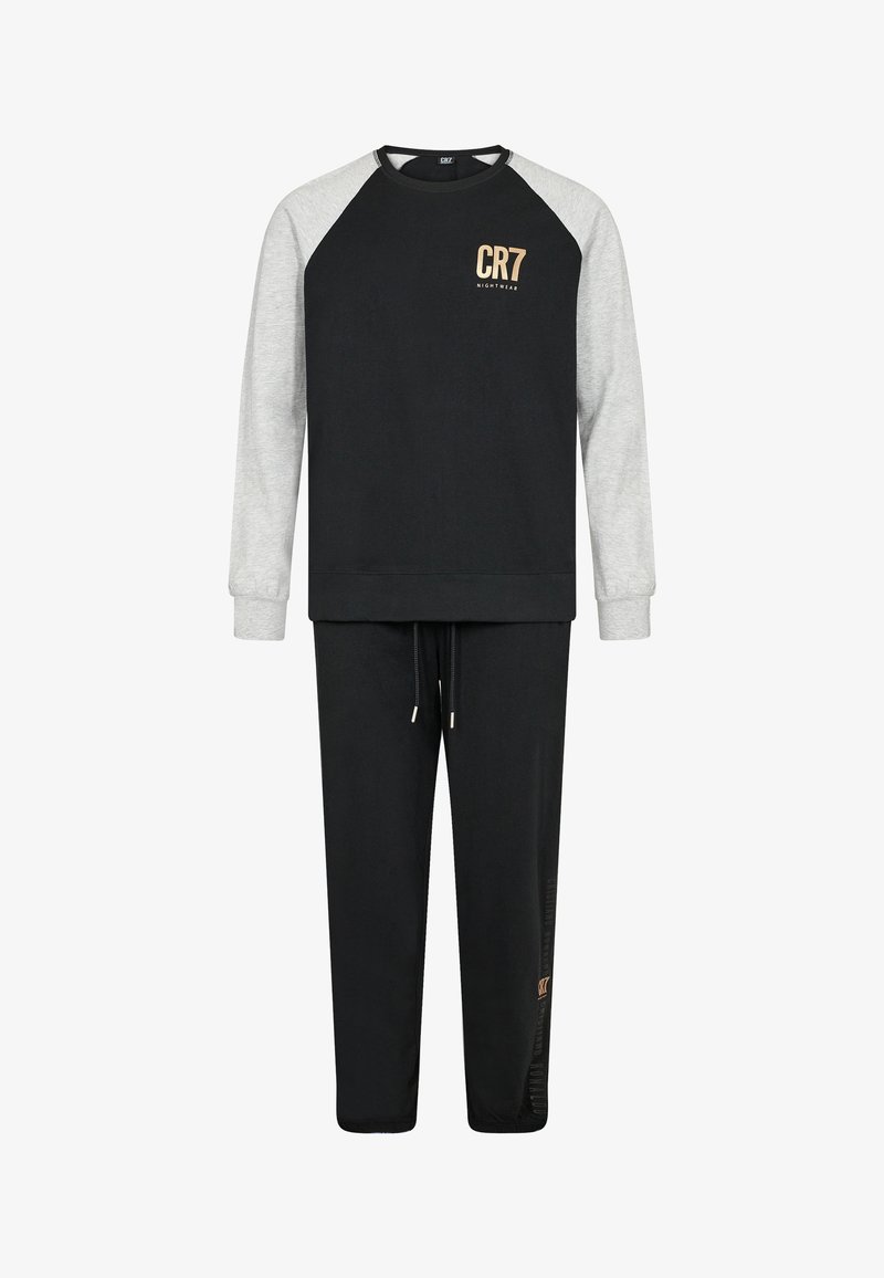 Sada mikiny a kalhot v černé a šedé barvě. Mikina má kulatý výstřih, raglánové rukávy a značku CR7. Kalhoty mají elastický pas a šňůrku.
