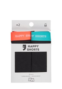 Zwarte lange boxers/boxer briefs set met fel koraalrode en teal taillebanden, gemarkeerd met "HAPPY SHORTS", gepresenteerd in een rechthoekige retailverpakking.