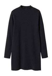 Robe noire à manches longues avec un col montant ; en tissu lisse ; coupe ample ; design longueur hanches sans motifs ni accents visibles.