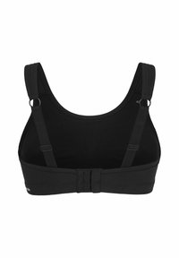 Svart sportbh med breda band, justerbar bakstängning, slät tyg och rund halsringning. Enkel design utan ytterligare mönster.