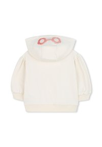 Crème-kleurige sweater met een capuchon. Heeft pofmouwen en een borduursel van roze brillen op de achterkant. Ribbelboord onderaan en bij de mouwen. Zachte textuur.