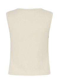 Haut beige côtelé sans manches avec un col montant, vu de dos.