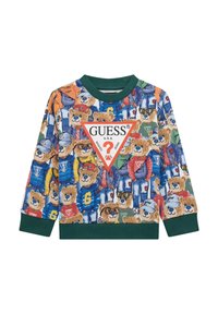 Felpa colorata con stampa totale di orsi in vari outfit, colletto e polsini a coste verdi, e un logo centrale triangolare rosso.