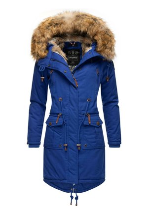 Blue parka with fur-lined hood, drawstring waist, multiple pockets, and brown accents. Features a waterproof material and a mid-length design.