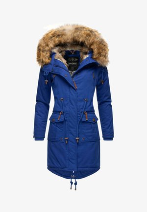 Blue parka with fur-lined hood, drawstring waist, multiple pockets, and brown accents. Features a waterproof material and a mid-length design.