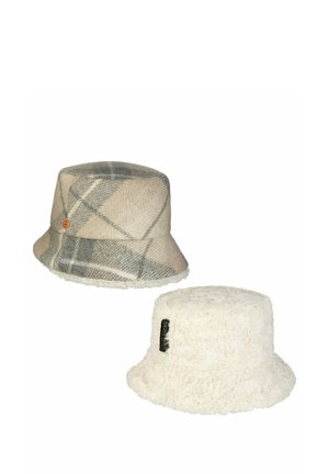 Two bucket hats: one beige and gray plaid wool, one white fluffy textured, both with small brand tags.