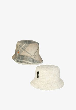 Two bucket hats: one beige and gray plaid wool, one white fluffy textured, both with small brand tags.