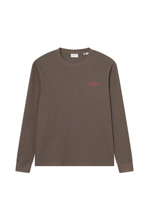 Brown long-sleeve t-shirt made of textured fabric, features a red logo on the chest, round neckline, and fitted sleeve cuffs.