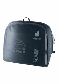 Borsa da viaggio in nylon nero con dettagli grigi, apertura con zip e design grafico che indica le istruzioni per l'imballaggio. Presenta una maniglia laterale.