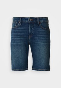 Σκούρα μπλε τζιν σορτς με ίσια γραμμή, πέντε τσέπες, ραμμένες εσοχές και κουμπί με λογότυπο στη μέση.