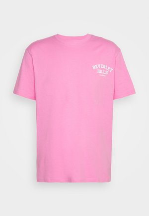 Pink short-sleeve crewneck t-shirt with white "Beverley Hills California" text on the left chest.