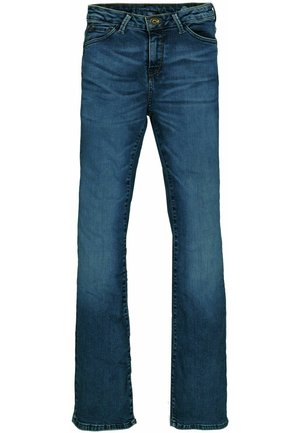 Blaue Jeans aus Denim mit geradem Bein, im klassischen Fünf-Taschen-Stil, mit Messingknopf und kontrastierenden Stickdetails.