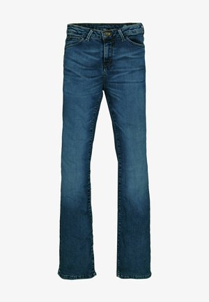 Blue denim jeans with a straight-leg design, featuring a classic five-pocket style, brass button, and contrasting stitching details.