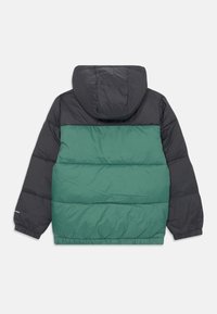 Jakna od pufanog materijala s crnim gornjim dijelom i zelenim donjim dijelom. Ima kapuljaču i elastične manžetne, s glatkom, quilted teksturom.