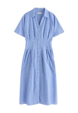 Sinivalkoinen ginghammainen nappikiinnitteinen mekko, jossa on lyhyet hihat, kaulus, vartalonmyötäinen vyötärö ja laskokset vyötärön alapuolella.