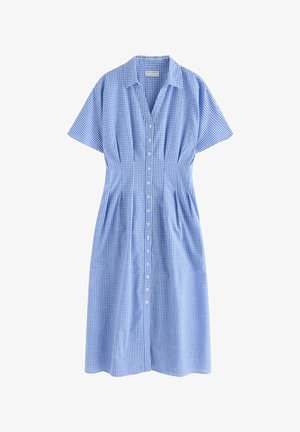 Sinivalkoinen ginghammainen nappikiinnitteinen mekko, jossa on lyhyet hihat, kaulus, vartalonmyötäinen vyötärö ja laskokset vyötärön alapuolella.