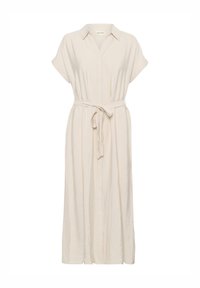 Robe couleur crème avec un col, des manches courtes et une ceinture à nouer à la taille. Présente un design fluide et texturé.