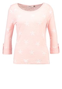 Ljusrosa långärmad skjorta med vitt sjöstjärnemönster, rundad halsringning och uppvikt ärmdetalj. Mjuk, något texturerad tyg.